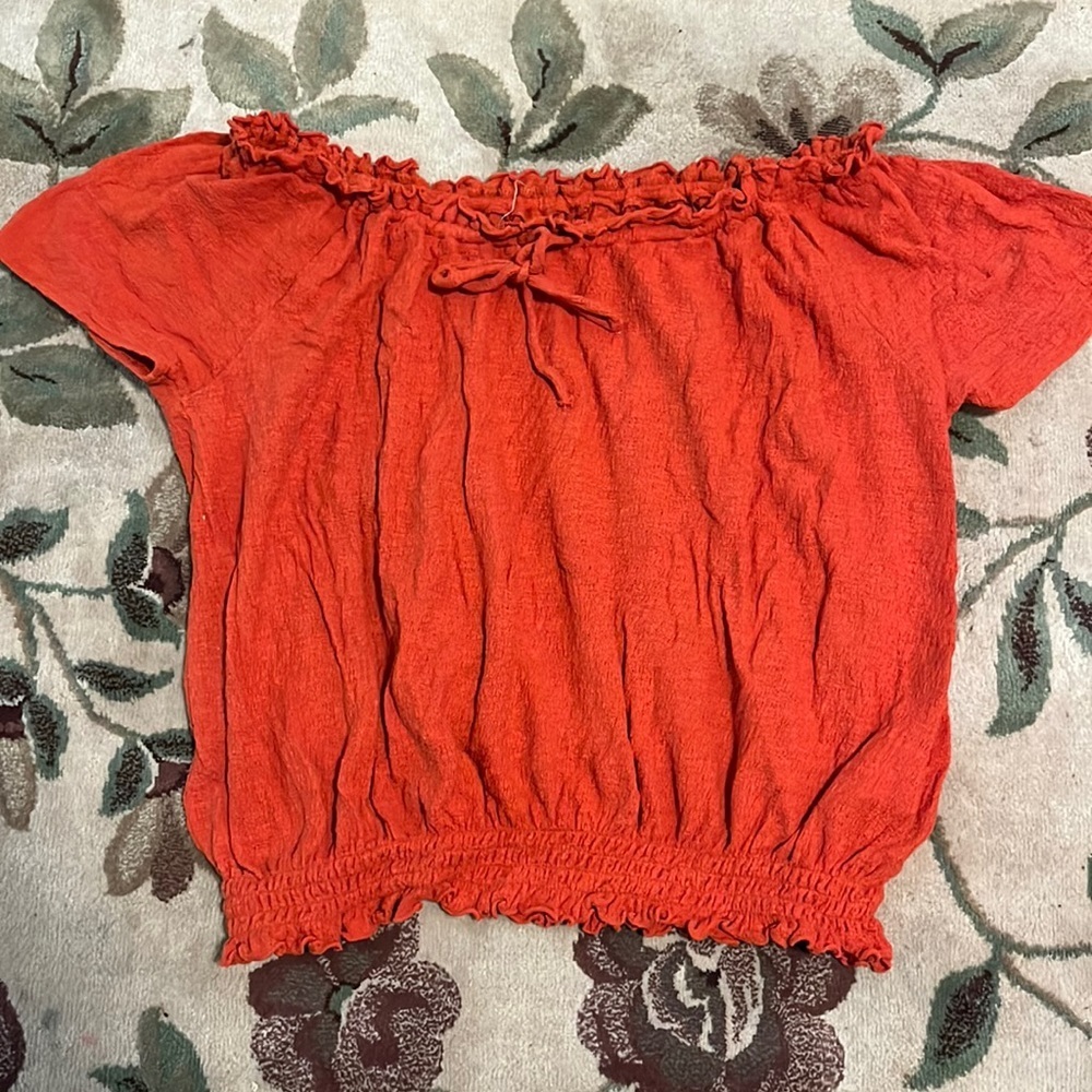 Madewell Off the Shoulder Crop Top Smock Hem Elastic Neckline